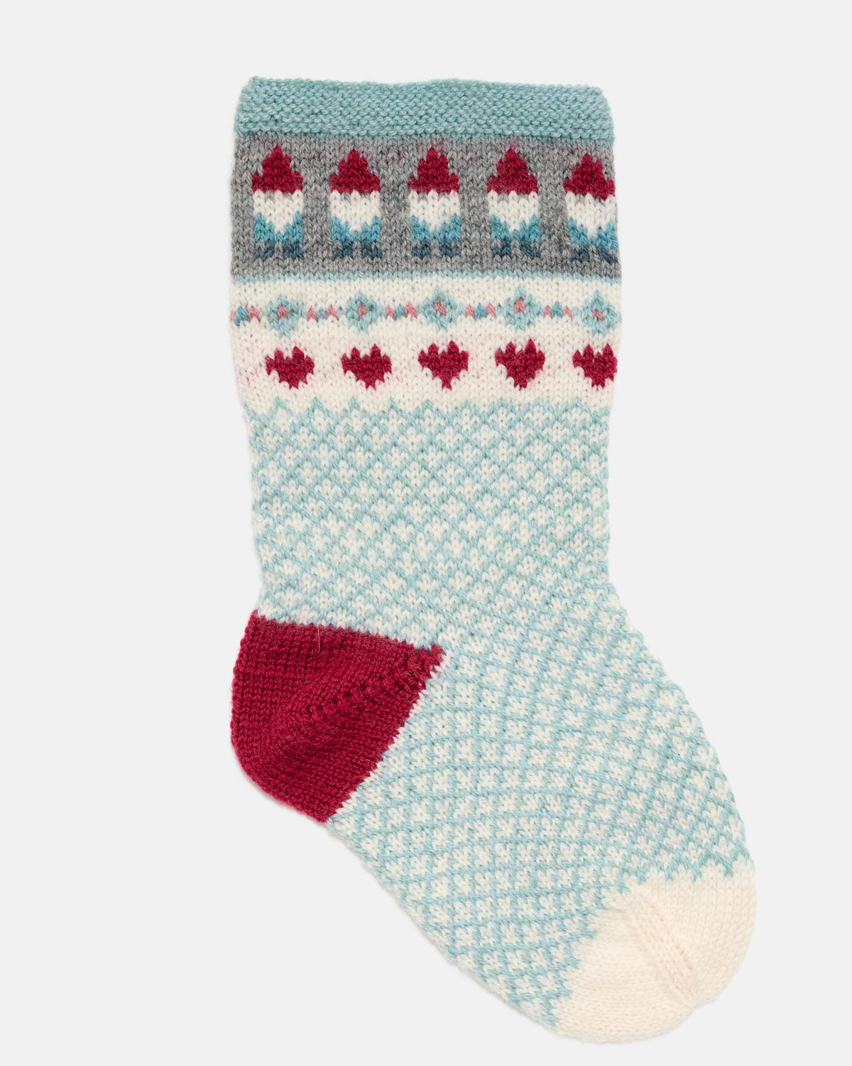 LF07 - Gestrickter Weihnachtsstrumpf mit kleinen Wichteln und türkisfarbenem Rautenmuster 